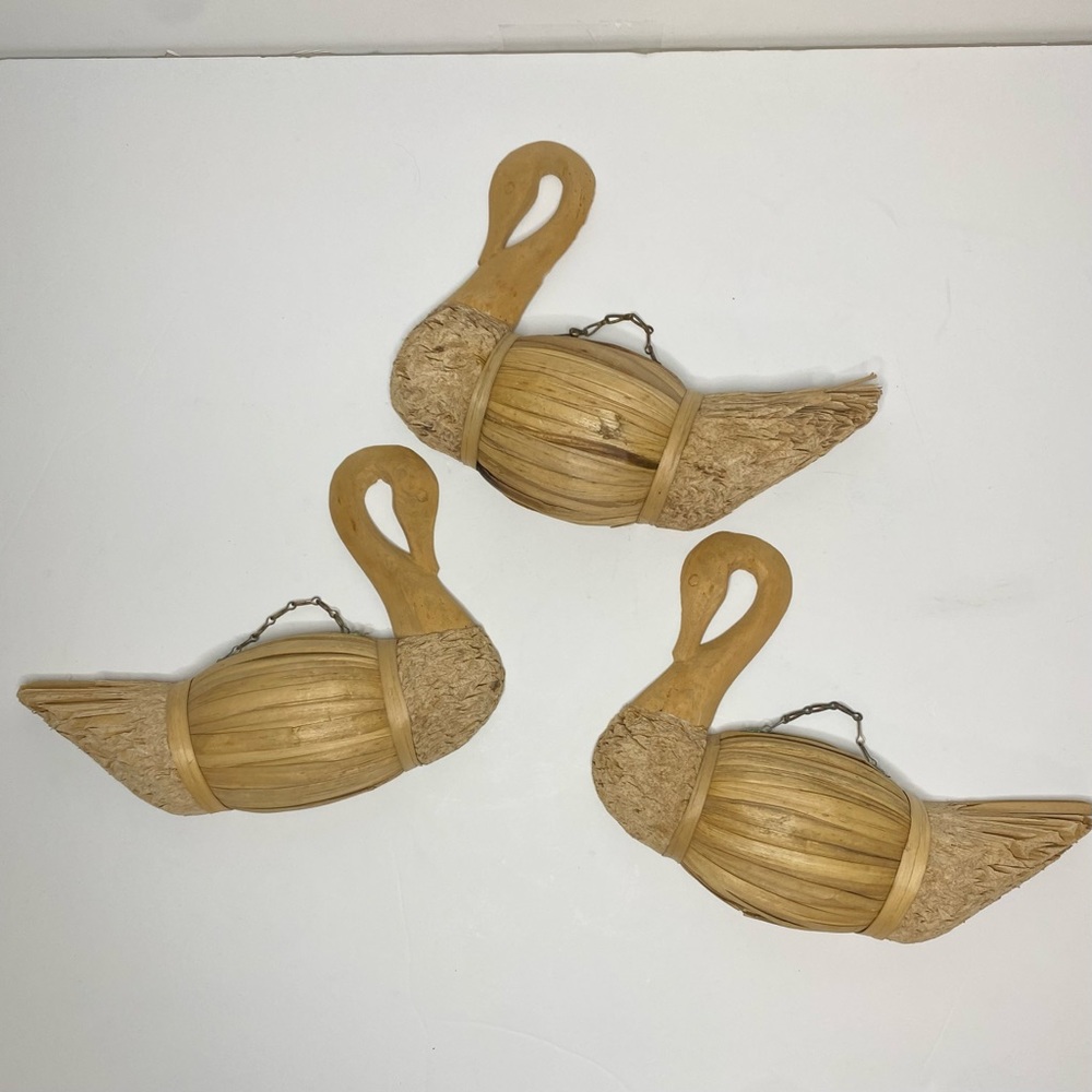 Set of 3-Vintage Corn Husk Swan Decoy Figure Handmade Wood